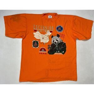 VINTAGE Excursion China Giant Panda Graphic T-shirt Men Large Orange USA 90s